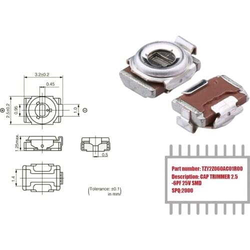 My Group Asia 2000PCS TZY2Z060AC01R00 Surface Mount SMD 2.5 ~ 6pF 25V Top Trimmers, Variable Capacitors in Stock
