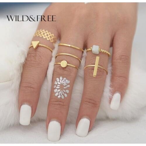 New Arrival 6 PCS/SET Trendy Geometric Shaped Ring Sets For Women Fashion Simple Natural Stone Bohemian Ring Sets For Girl Gift