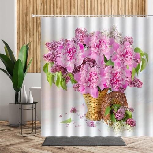 Pink Peony Flower Basket Shower Curtain Rose Tulip Lily Plant Flowers Bathroom Decoration Waterproof Bath Curtains Set With Hook