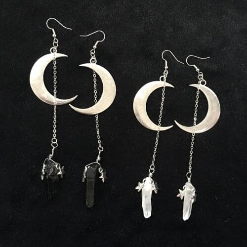 White/Black Quartz Crystal Aura Witchy Earrings, Crescent Moon Gothic Occult Boho Crystal Crown Accessories Jewelry Earrings