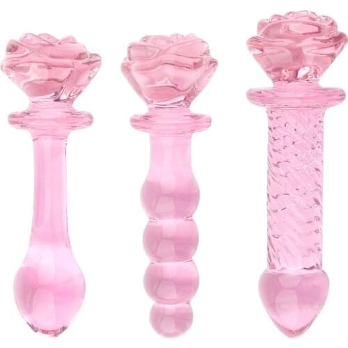 Glass Dildo 3 Styles Pink Rose Flower Shape Vaginal Anal Butt Plug Self Comfort Masturbator Sex Toys for Men Woman Gay