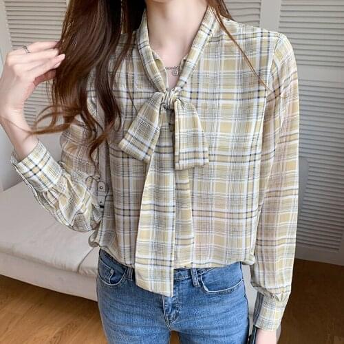 Womens Plaid Shirt Autumn Fashion Oversized Chiffon Shirt Long Sleeve Bow Top Blusas Mujer De Moda