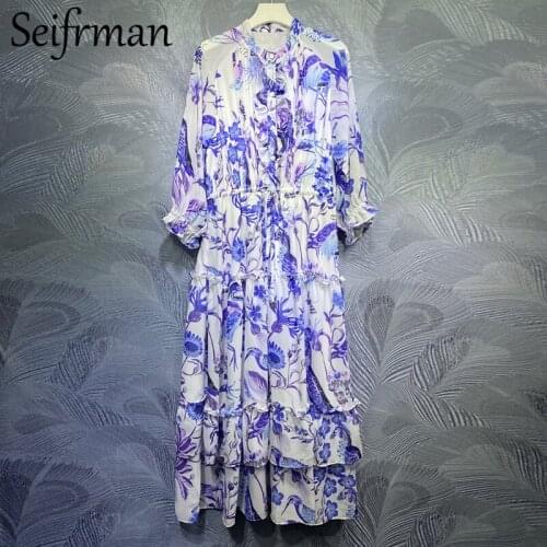 Seifrmann New 2021 Summer Women Fashion Designer Party Long Dress Lantern Sleeve Ruffles Bow Print Ladies A-Line Dress Vestidos