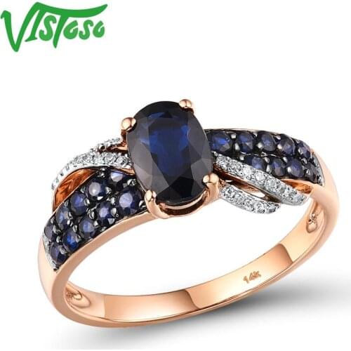 VISTOSO Pure 14K 585 Rose Gold Ring For Women Ring shining Diamond Blue Sapphire Luxury Wedding Engagement Elegant Fine Jewelry