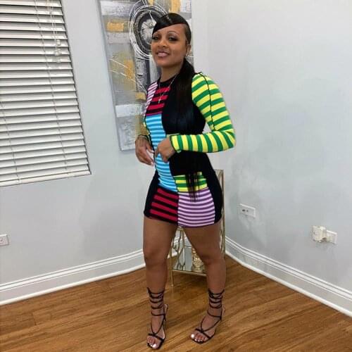 2021 Ladies Long Sleeve Mini Skirt Fashion Casual Color Block Striped Dress