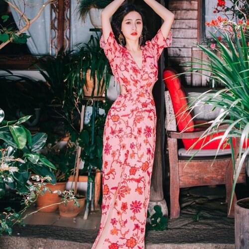 New Floral Print Chiffon Long Dresses Women Boho V-Neck Split Beach Summer Dress Sexy Elegant Slim Fit Maxi Vestidos DD2001