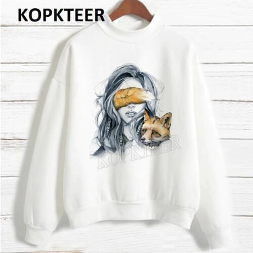 Fox and Girl Print Winter Casual Women Hoodies Sweatshirts Long Sleeve Pullovers Loose Hoodie Female Tops Warm Thick Clothes