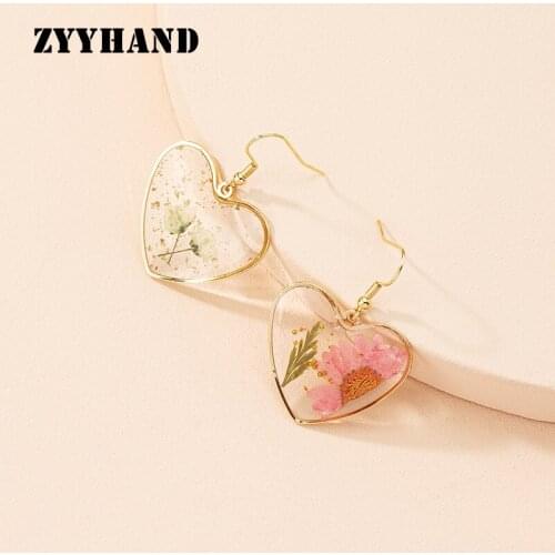 Golden Color Women Heart Flower Drop Earring Girl Transparent Floral Sepcimen Lady Romantic Ear Jewellery