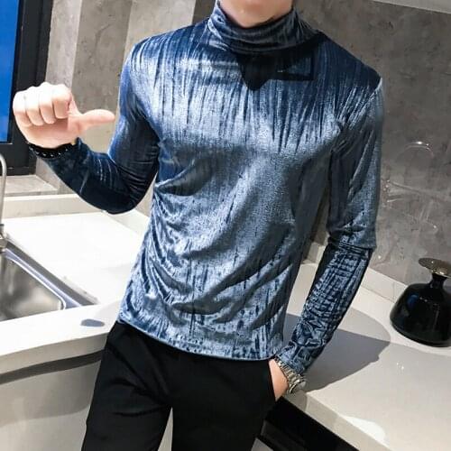 2020 Winter Velvet Stylish Clothing Flannel Turtleneck Shirts Mens Floral Printed T Shrirs Slim Fit
