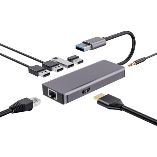 2021 High quality 7 IN 1 USB A Adapter Laptop accessories 3.0 USB Hub Splitter Full HD Ethernet Adapter USB To Headphone For PC