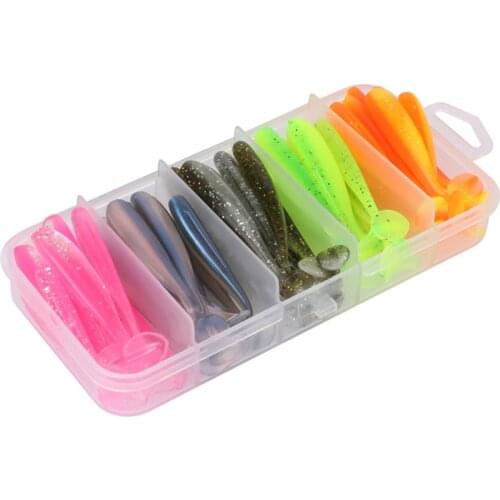 50 Pcs Fishing Soft Lure Plastic T Tail Bait Artificial Worm Swimbait for Bass Trout Walleye Fishing Lures Kit w/ Box