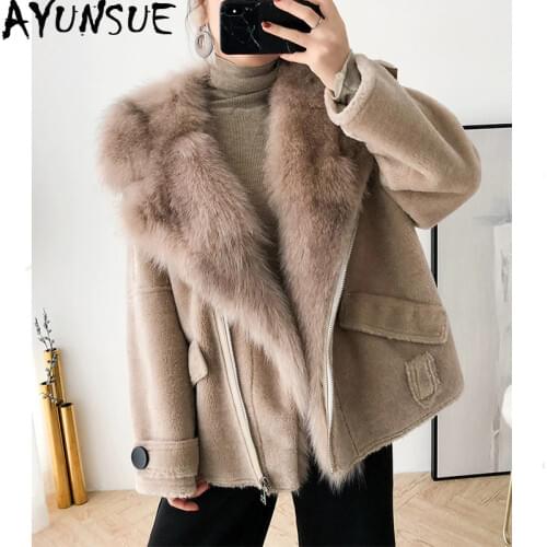 AYUNSUE Real Fur Coat Female Sheep Shearling Fur Winter Jacket Women Fox Fur Collar 100% Wool Coat Suede Leather Jackets MY3841