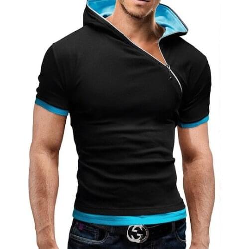 Free shipping hot mens short-sleeved T-shirt foreign trade oblique zipper hooded design casual short-sleeved T-shirt