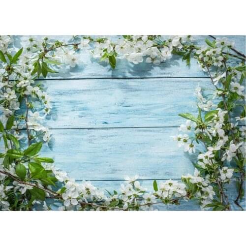 Planks Backdrop Blue Wooden Board and Small White Flowers Photography Background Holiday Celebration Photo Booth Studio Decor