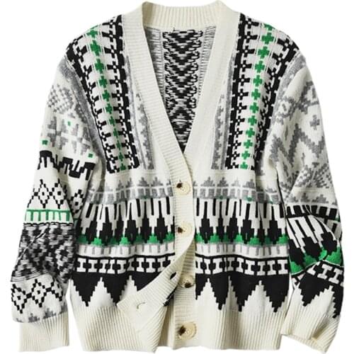 SHUCHAN 100% cashmere Cardigan Regular V-Neck Button Vintage Full Sleeve Geometric Single Breasted Thick Winter Sweater Women