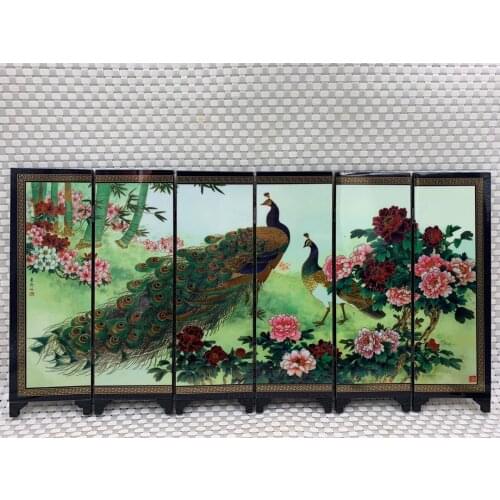 China Collect Exquisite Lacquer PaIntIng Beautiful Peafowl Small Folding Screens Handicraft Home Decoration