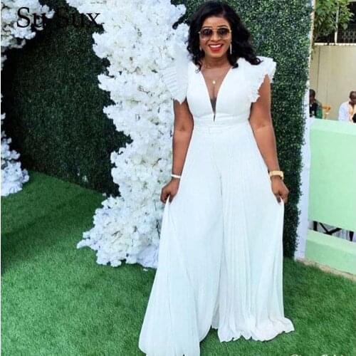2020 Chiffon Jumpsuit Women Rompers African Clothes V-Neck Ruffles Pleated Wide Leg Pants Africa Clothing Playsuits Boho Beach