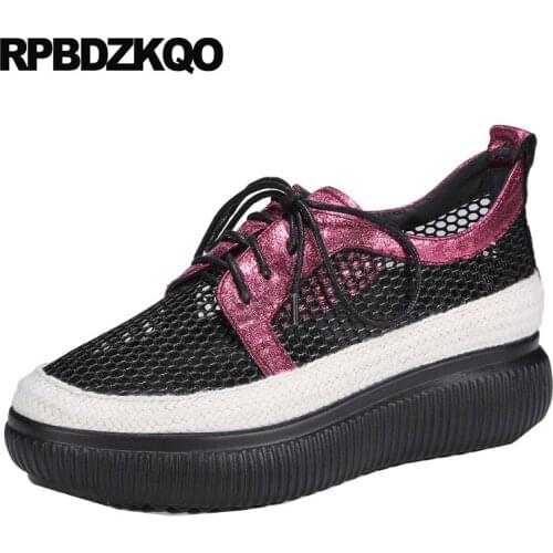 Mesh Sneakers Thick Sole Harajuku Creepers Platform Shoes Red Wine Elevator Women Breathable Flats Muffin Trainers Lace Up