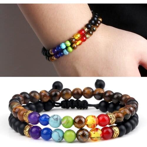 Hot 2pcs/set Rinhoo 7 Chakra Beads Bracelets Natural Stone Tiger Eye Malachite Yoga Reiki Prayer Bangle Couples Distance Jewelry