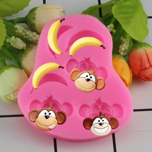 Mujiang 3D Cute Monkey Banana Silicone Molds Cartoon Fondant Chocolate Gumpaste Mold DIY Cake Decorating Clay Candy Moulds