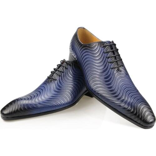 Mens Classic Style Designer Wedding Dress Blue Fashion Printing Casual Office Business Pointed Toe Lace-up Formal Oxford Shoes