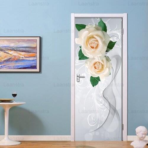 Art Door Sticker Rose Smoke Waterproof Living Room Bedroom Door Wallpaper Self Adhesive Wall Decals Imitation 3D Wall Stickers