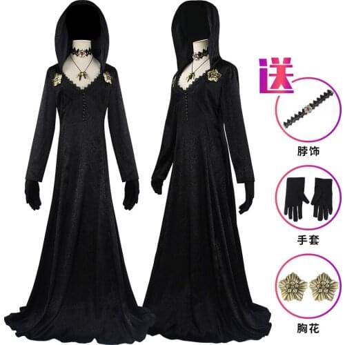 Biohazard Evil Village Bela Cassandra Daniela Dimitrescu Cosplay Dress Corsage Gloves Neckwear Necklace Halloween Party Costume