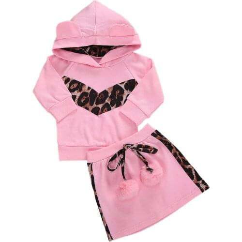 2Pcs Kids Baby’s Girls Autumn Clothes Long-Sleeves Patchwork Hoodie Cute Ears + Leopard Skirt Suit for Toddler Girl 6M -5T