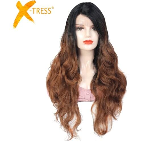 Ombre Brown Synthetic Lace Front Wigs 26 Inches Long Wavy Wave Hair High Temperature Fiber X-TRESS Side Part Lace Wig For Women