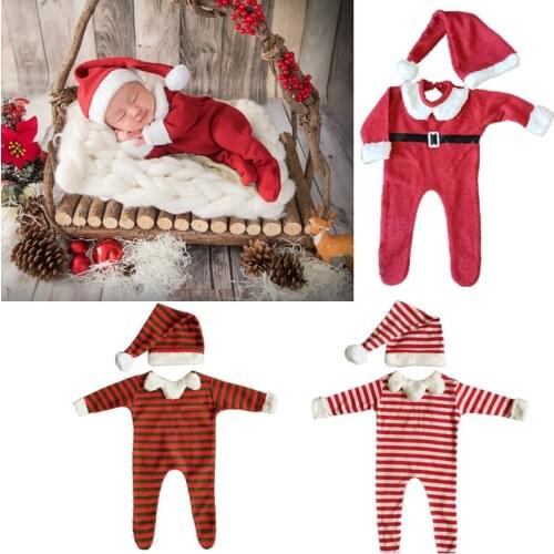 Christmas Newborn Photography Props Suit Cute Christmas Hat Jumpsuit Set Baby Boys Baby Girls Photo Shooting Costume Outfits