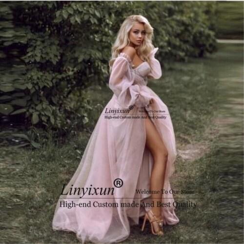 Sexy Dusty Pink Long Prom Dresses 2021 Off the Shoulder Sweetheart Tulle Romantic Elegant Princess Evening Party Gown Custom