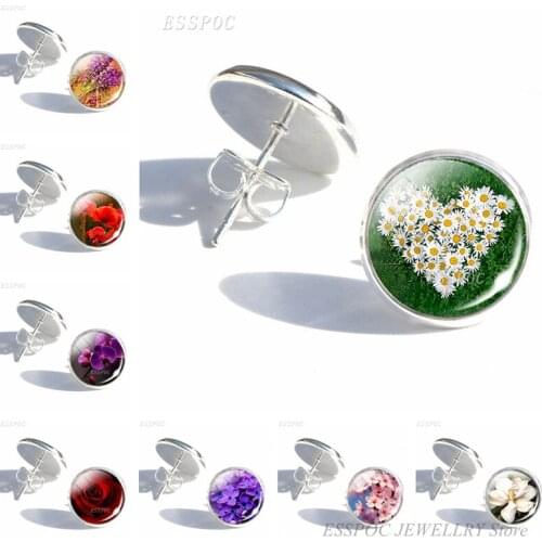 Daisy Rose Sakura Simple Style Stud Earring Women Fashion Glass Cabochon Poppy Flower Earings Art Jewelry Gifts for Women