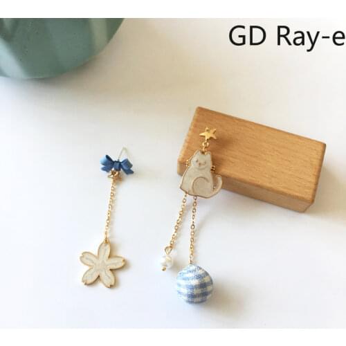 S925 Needles Korean Sweet Flowers Bowknot Earrings Cute Kitten Asymmetric Long Pearl Tassels Ear Clip