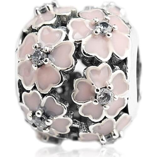 925 Sterling Silver Cherry Blossom Charm with Soft Pink Enamel and Clear CZ Flower Bead Fit Pandora Charm Bracelet jewelry