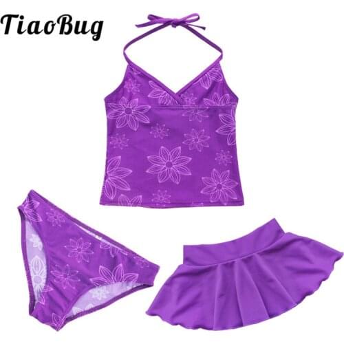 TiaoBug Kids Teens Swimming Purple Halter Crop Top with Shorts Skirt Bikini Set Girls Tankini Swimwear Swimsuit Set Bathing Suit