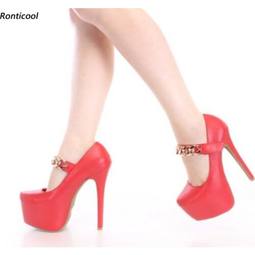 Ronticool Women Spring Pumps Sexy Chain Stiletto High Heel Round Toe Ladies Elegant 5 Colors Party Shoes US Plus Size 5-20