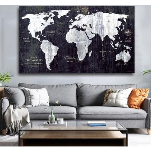 Vintage HD WORLD MAP Canvas Painting Printing Poster Wall Pictures For Living Room Black Map Decorative Art Home decor