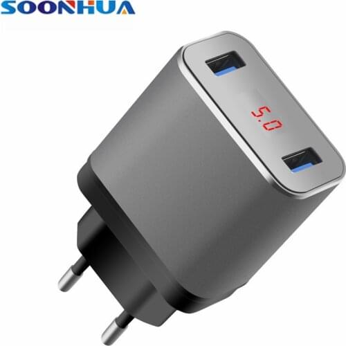 SOONHUA ABS Alloy 5V 2.4A Dual USB Port Phone Charger Fast Charging LED Display Wall Adapter For iPhone Samsung With EU US Plug