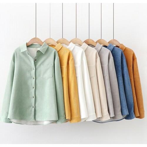 2021 Winter New Womens Plus Velvet Corduroy Shirt Tops Solid Color Simple College Style Ladies Casual Warm Thick Coat Clothes