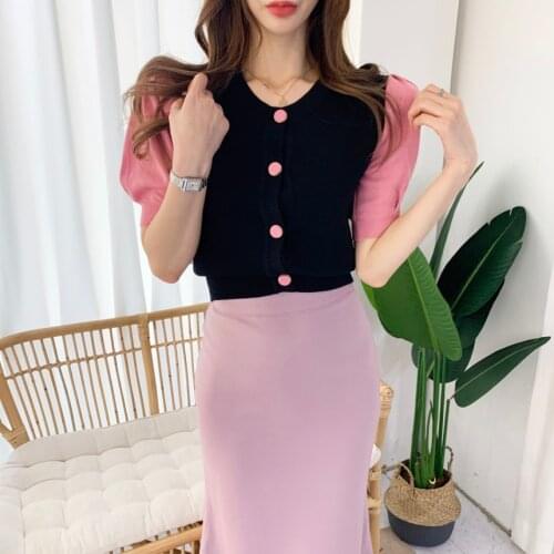 2021 Fashion Sweet Knitted Cardigan Women Sweater Runway Summer Patchwork Short Puff Sleeve Casual O-Neck Single Breasted Tops