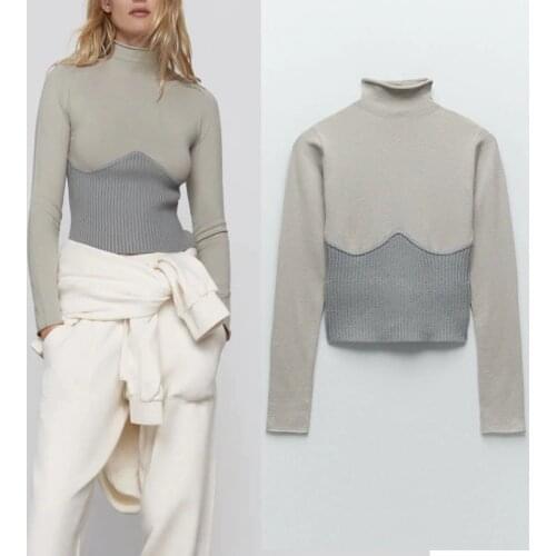 Za Women Winter Patchwork Turtleneck Knit Sweater 2020 Long Sleeve Pronounced Seam Slim Pullover Female Chic Knitted Top