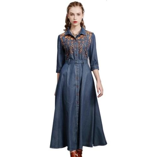 Vintage embroidery long dresses with belt elegant denim dress 2021 new half sleeve new spring & summer jean dresses women LYQ020
