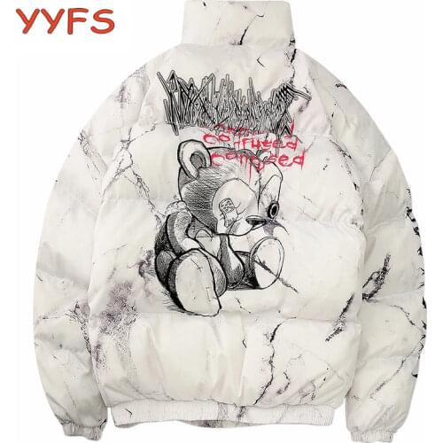 Winter Down Padded Jacket Women/men Cartoon Bear Print Oversized Streetwear Parka Couple Harajuku Thick Warm Bubble Coat