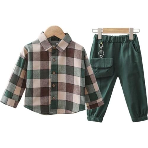 2PCS Children Clothing Sets Cotton Toddler Plaid Lapel Shirt+Pants for Boys Clothes Outfit Spring Autumn Baby Kids Clothes Sets