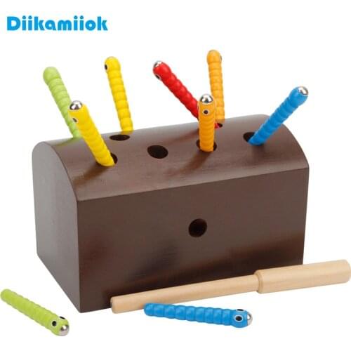Children Fun Magnetic Catching Worms Game Puzzle Wooden Toy Baby Hand Eye Coordination Exercise Montessori Educational Toys Gift