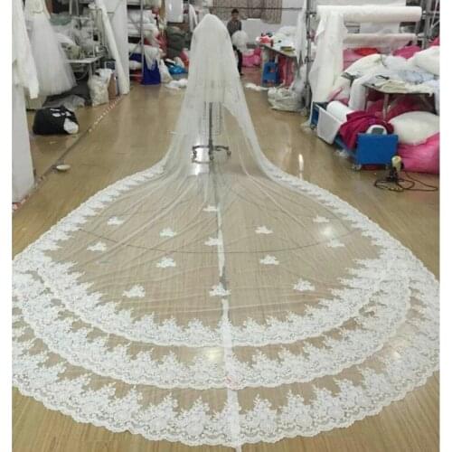 White IVORY 5m One Layer Veil Wedding Veil With Comb Full Lace Edge Bridal Veils Ivory Cathedral velos Wedding Accessories