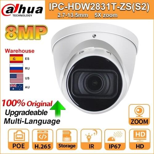 Original Dahua IPC IPC-HDW2831T-ZS-S2 IP Camera 5X ZOOM Camera HD 8MP IP67 with SD Card IR 40M H.265 for Security Multi-language