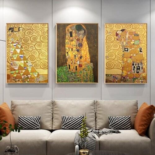 Classic Gustav Klimt Poster Kiss Fulfillment Abstract Oil Painting Canvas Print Vintage Wall Art Pictures for Living Room Decor
