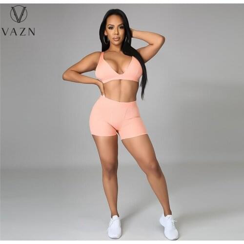 VAZN Summer 2021 Ladies Casual Fashion Street Slim Sexy Solid Color Pit Strip With Halter V-Neck Shorts Two-Piece Set