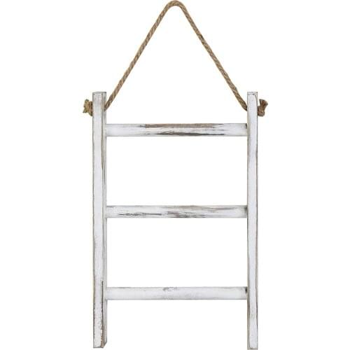 Wall-Hanging Towel Ladder Rustic Whitewashed Wood Countertop Ladder Farmhouse Decor Towels Rack with Adjustable Rope